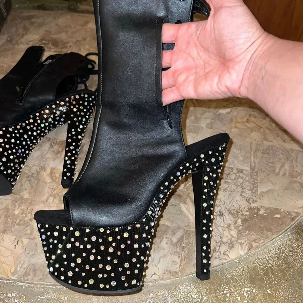 Pleasers pleaser Stardance 1018-7 Open Toe Ankle Boots With Rhinestones Platform